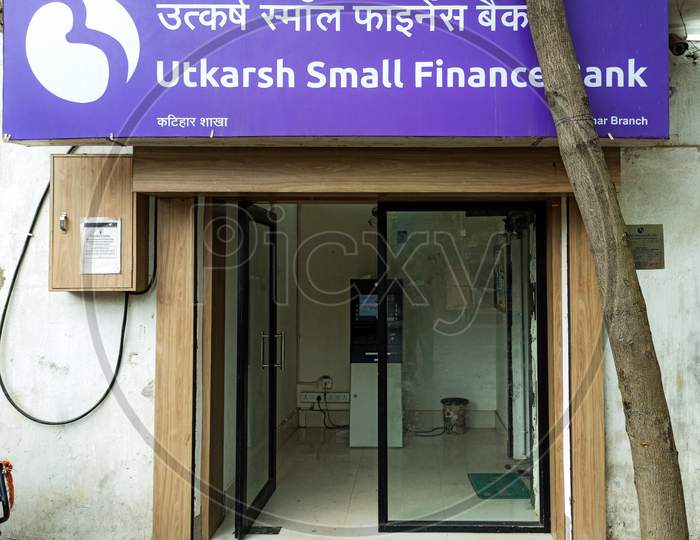 Katihar/India-29/04/2020; ATM Utkarsh small finance bank, P&T Chowk,Katihar, Bihar, India-854105