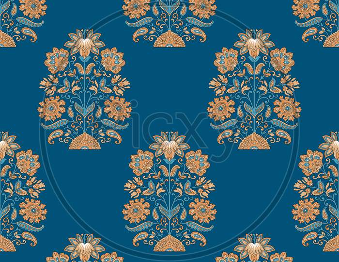 Seamless Mughal Flower Pattern With Blue Background