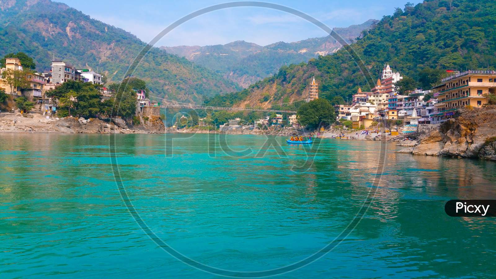 Scenic Ganga river flows through Rishikesh town