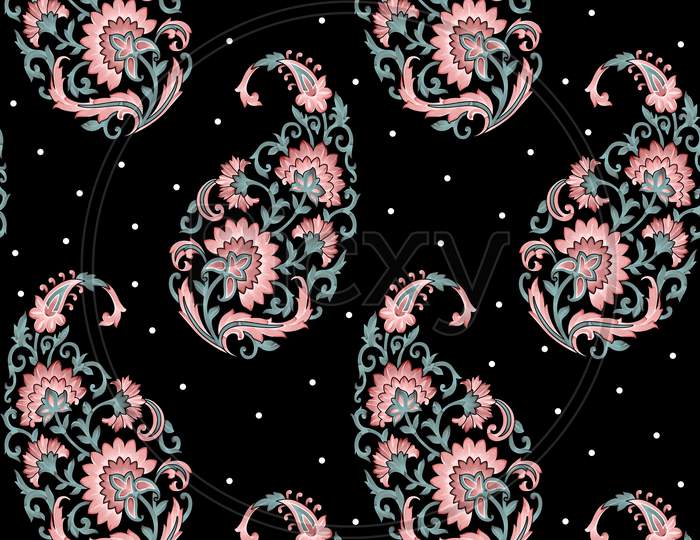 Seamless Indian Paisley Pattern With Black Background