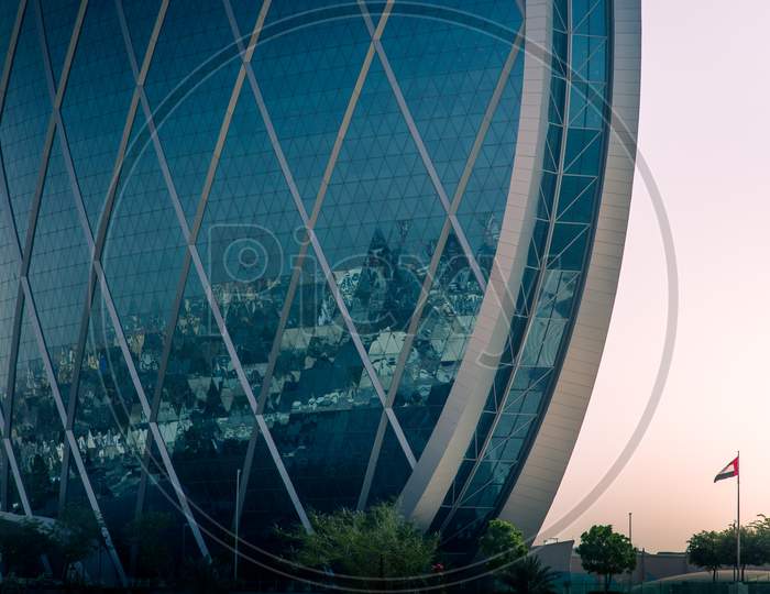 Close-up of The Aldar Headquarters building is the first circular building of its kind in the Middle East. It is located in Al Raha. Abu Dhabi, UAE