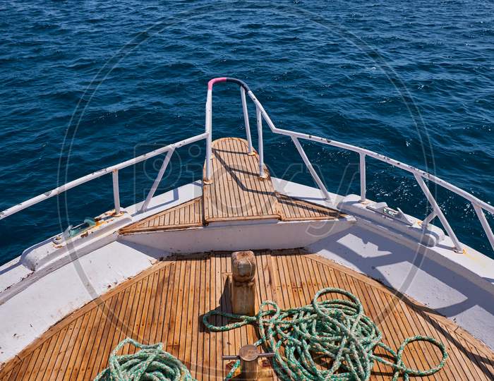 Bow Of A Boat With Blue Ocean, Sailing
