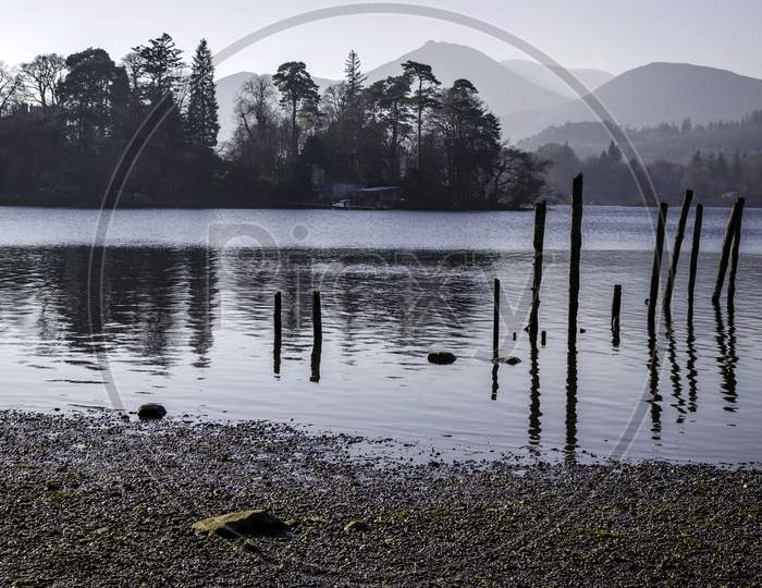 A mood shot of Derwent Water on a Cloudy wet day in Keswick