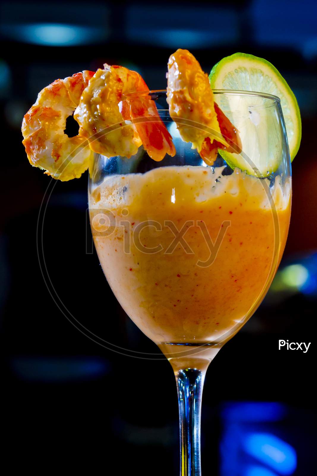 A Glass Of Mouthful Tasty Shrimp Cocktail Appetizer.