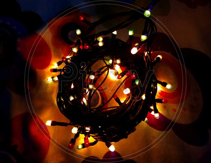 Diwali/ Christmas/Marriage decoration red, yellow LED lights with little bokeh effect.