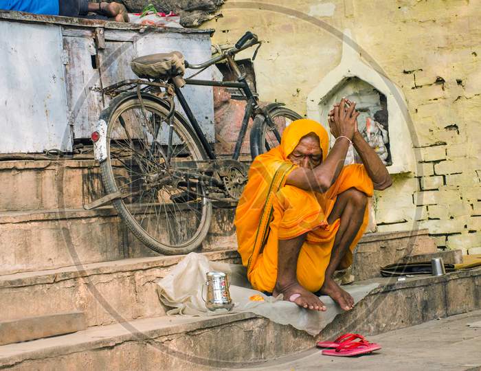 lonely cycle and sadhu at varanasi