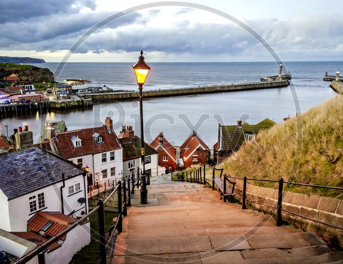 Whitby harbour as seen from the famous 199 steps leading to Whitby Abby.