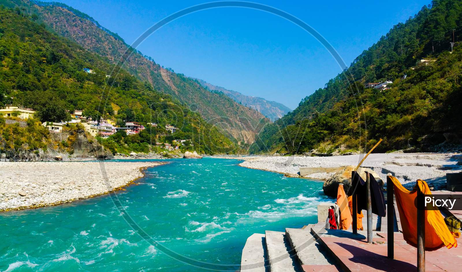 Ganga river flows through Himalayas in India.