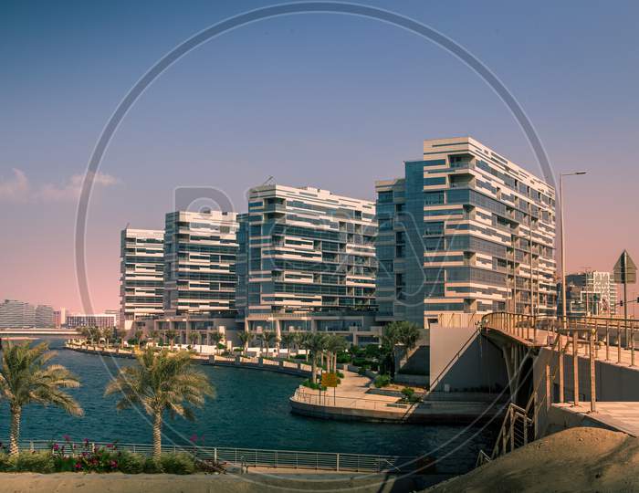 Abu Dhabi, United Arab Emirates - 10 October, 2019: Residence And Commercial Budilings At Al Raha Creek With Beautiful Sea View. Development And Growth Plan For Future In United Arab Emarites.