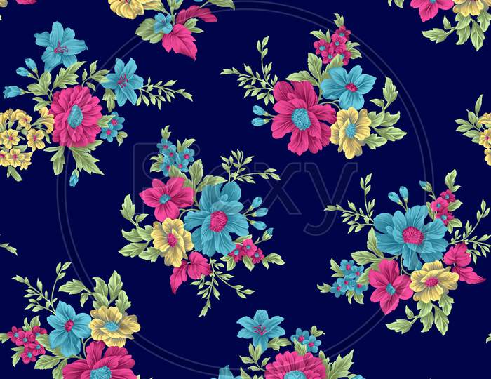 Decorative Flower Design Wave With Navy Background