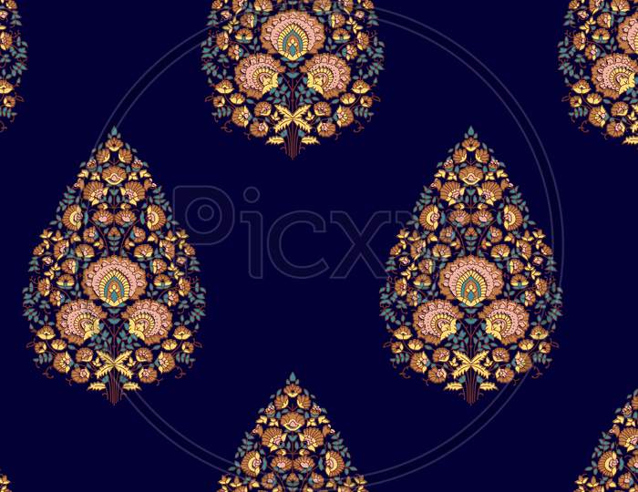 Decorative Colorful Floral Bunch Pattern Navy Background
