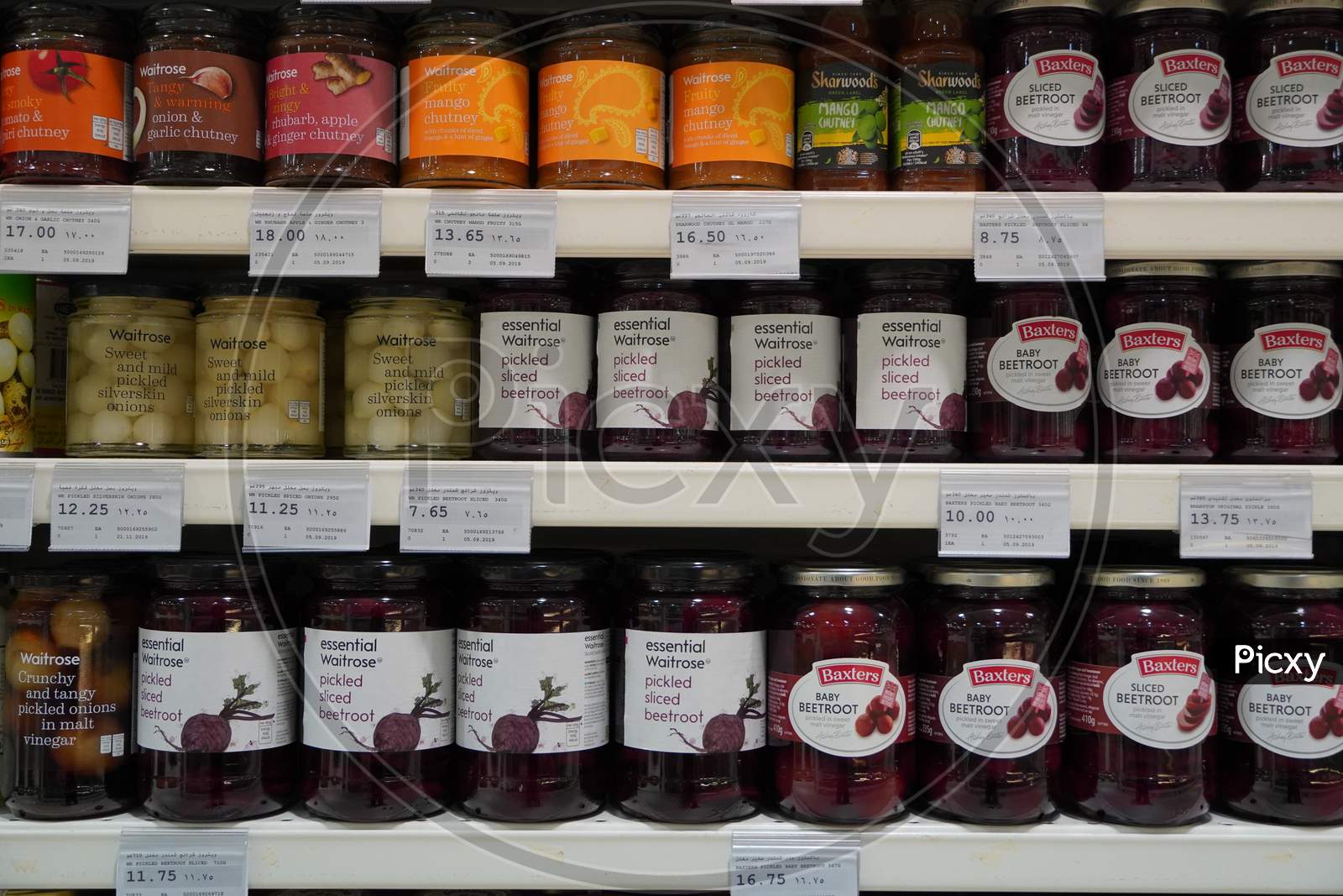 Dubai Uae December 2019 Traditional Turkish Pickles Of Various Fruits And Vegetables. Jars Of Salted Pickles On A Store Shelf. Beetroot, Olives, Cabbage, Cucumber, Onion, Tomato.