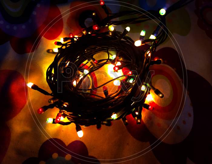 Diwali/ Christmas/Marriage decoration red, yellow LED lights with little bokeh effect.
