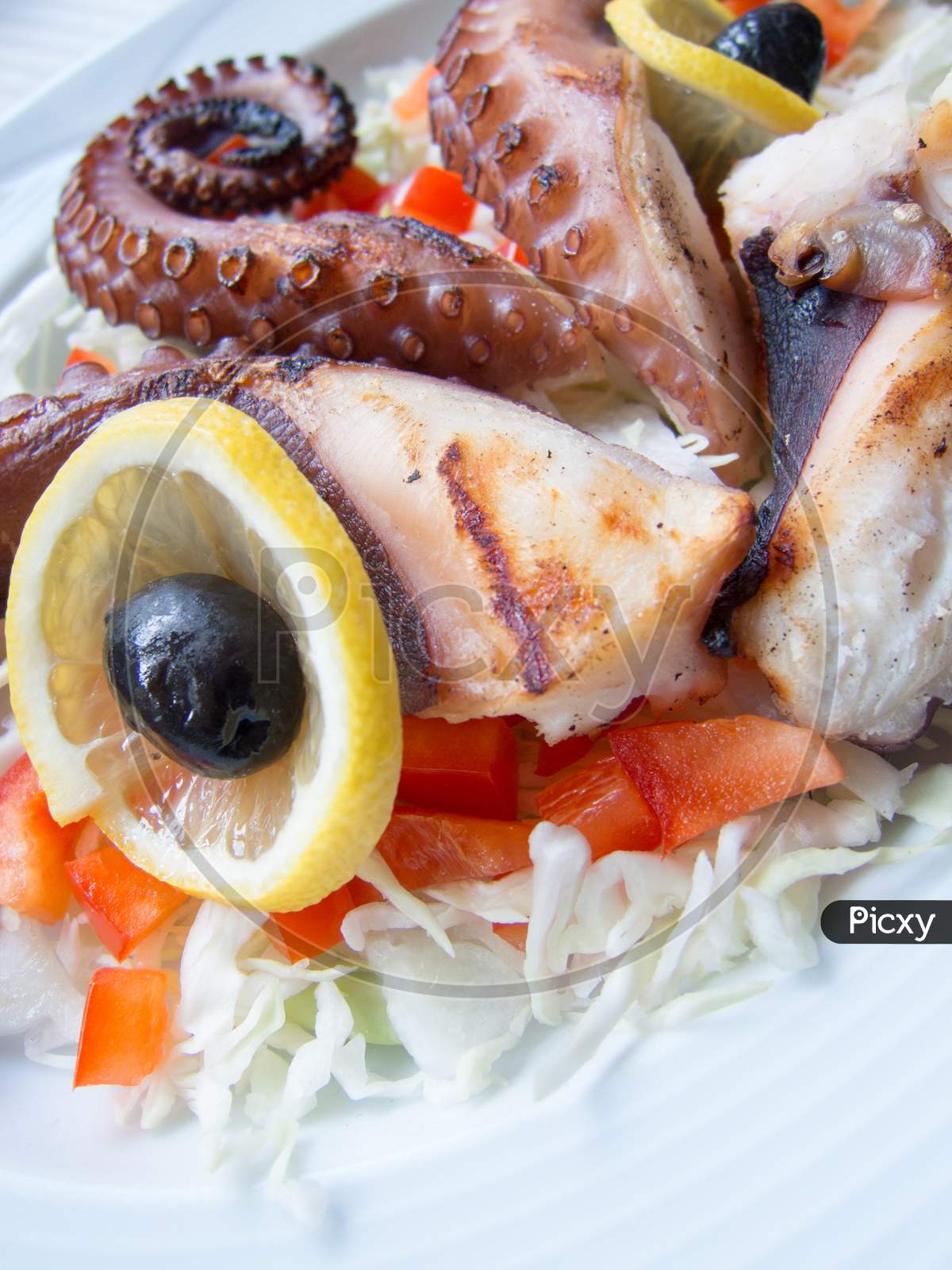 grilled octopus with vegetables on white plate