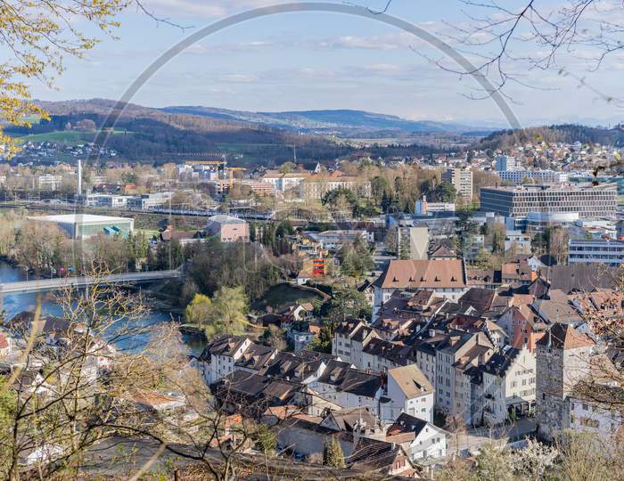 City view of Brugg Ost with Aare river, ancient town and Salzhaus.