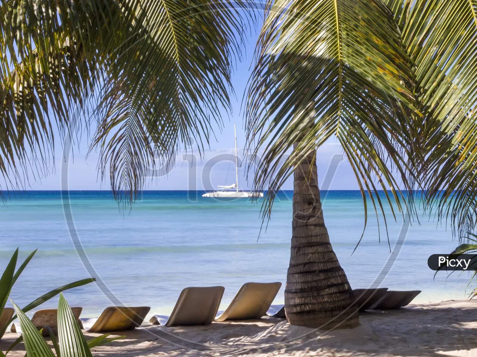 Relaxing sun lounges on a Caribbean beach