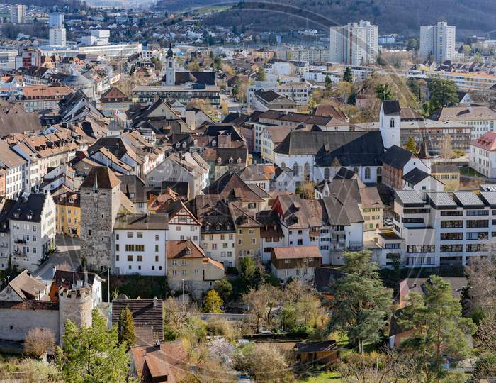 View over black tower and the picturesque old town of Brugg.iew over black tower and the picturesque old town of Brugg.iew over black tower and the picturesque old town of Brugg.