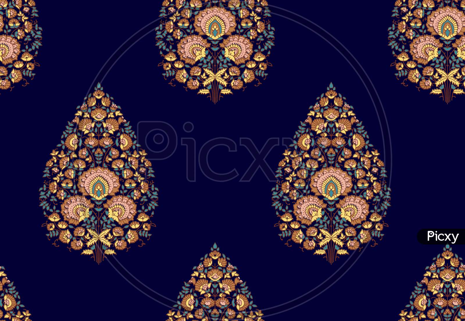 Decorative Colorful Floral Bunch Pattern Navy Background