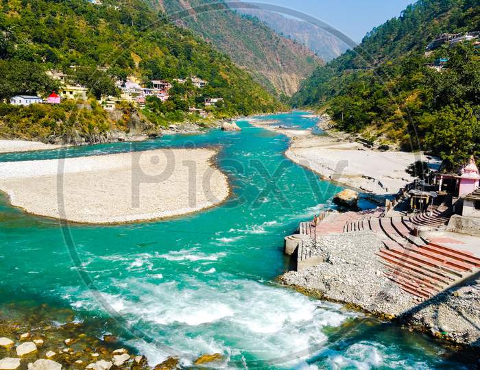 Beautiful Ganga river flows throw Himalayas in India