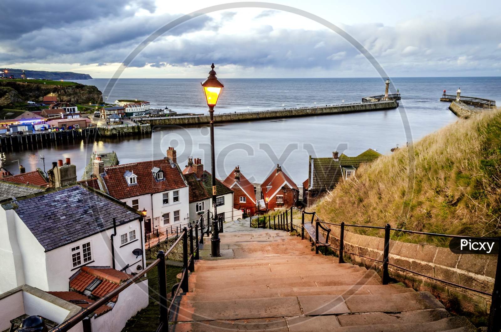 Whitby harbour as seen from the famous 199 steps leading to Whitby Abby.