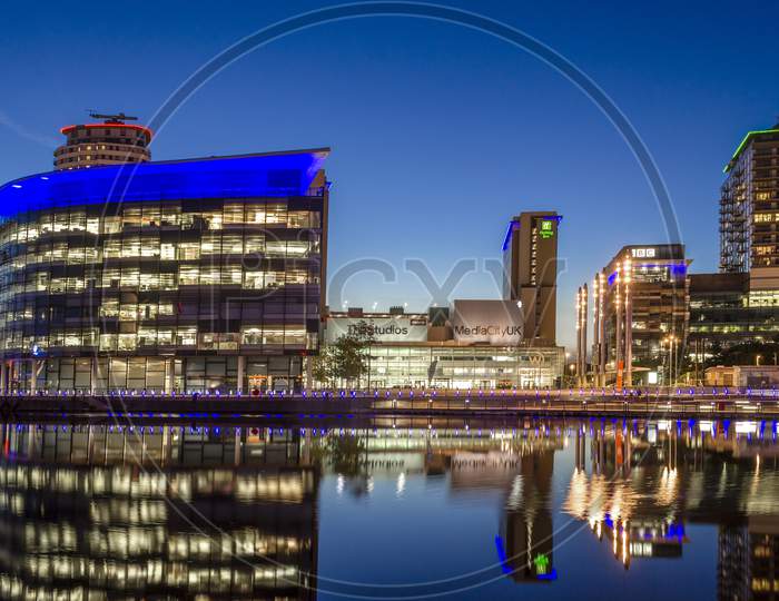 BBC Studios shot at evening in Media City UK, Salford Quays, Nr Manchester, England, 10th August 2017