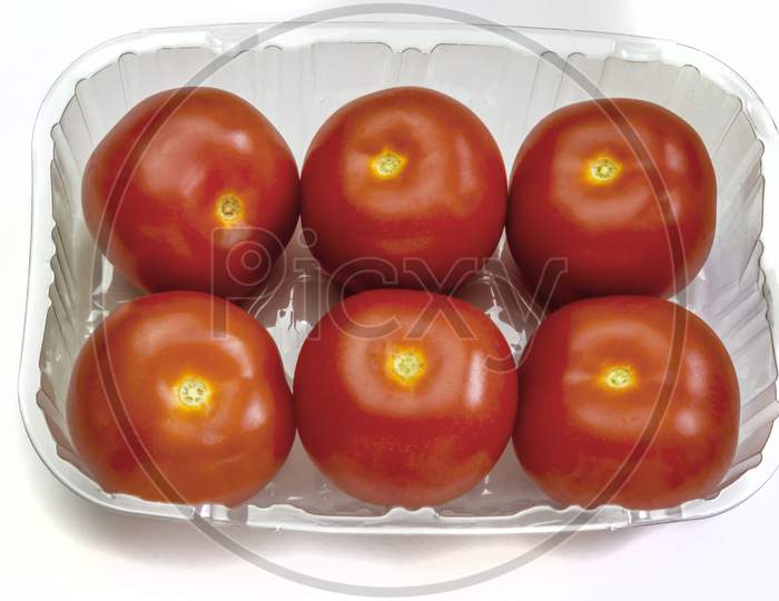 Six fresh tomatoes in a plastic container ready to use for salads