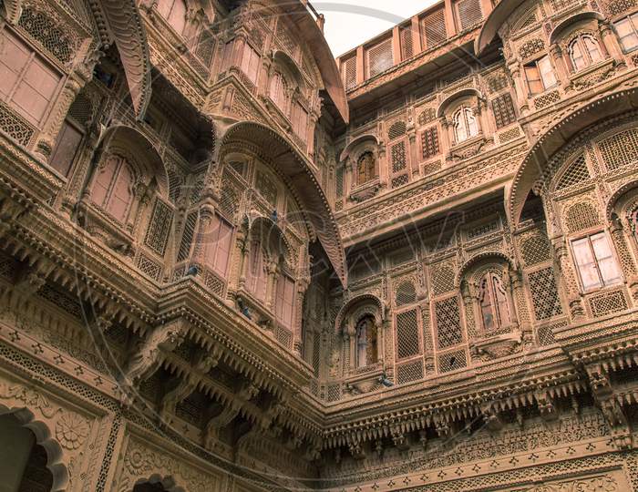 Beautifully Carved Decorated And Engraved Windows And Doors Arch In The Mehrangarh Fort, At The Blue City Of Jodhpur - Rajasthan, India
