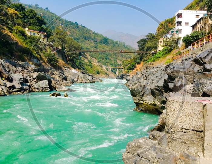 Ganga river flows through mountains in India