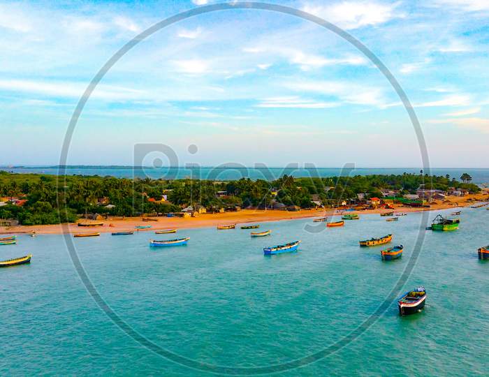 Fishing vessels anchored in the Rameshwaram coast in Tamilnadu.