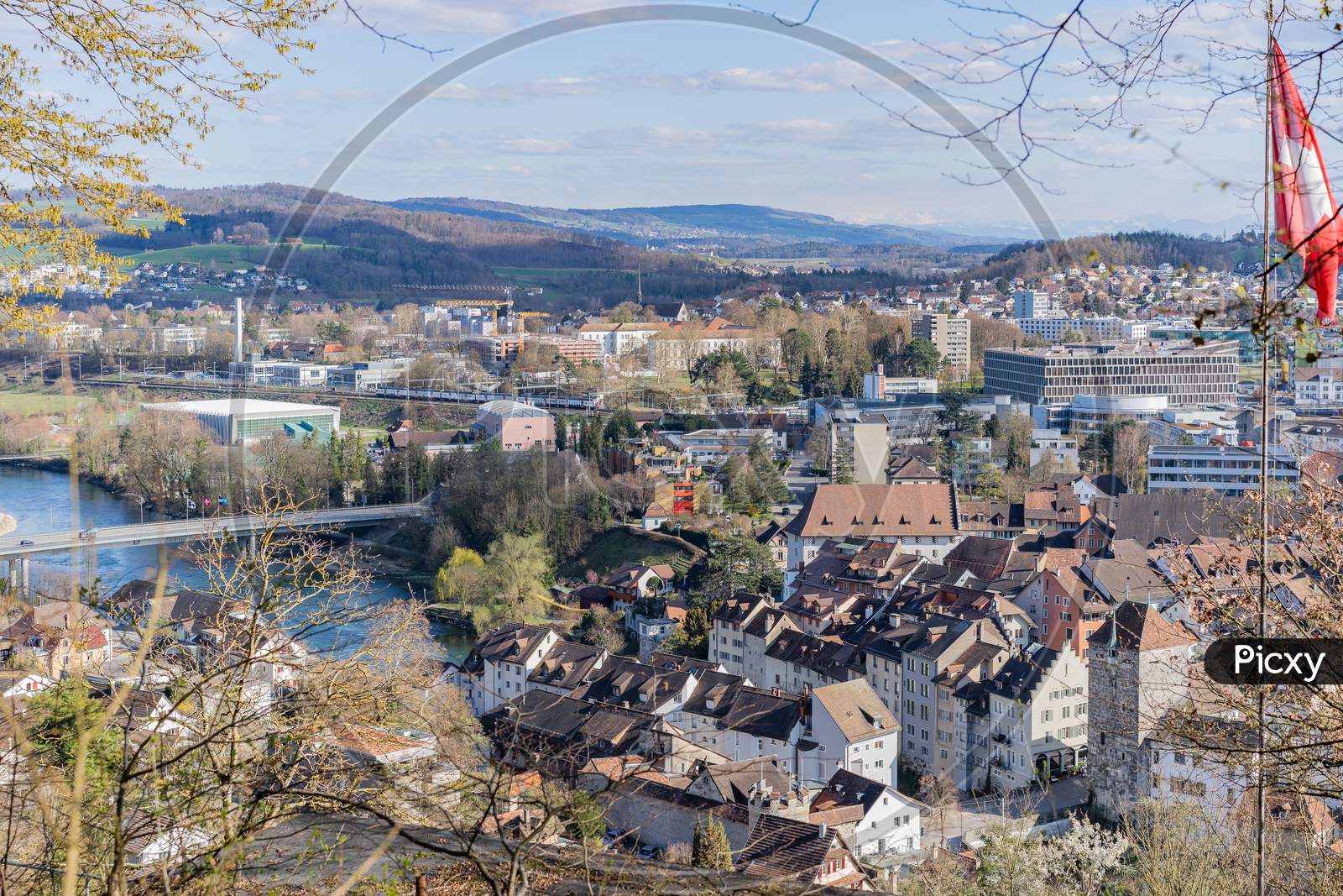 City view of Brugg Ost with Aare river, ancient town and Salzhaus.