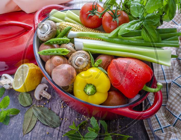 Ingredients for a vegetable stew ready to be cut and prepared
