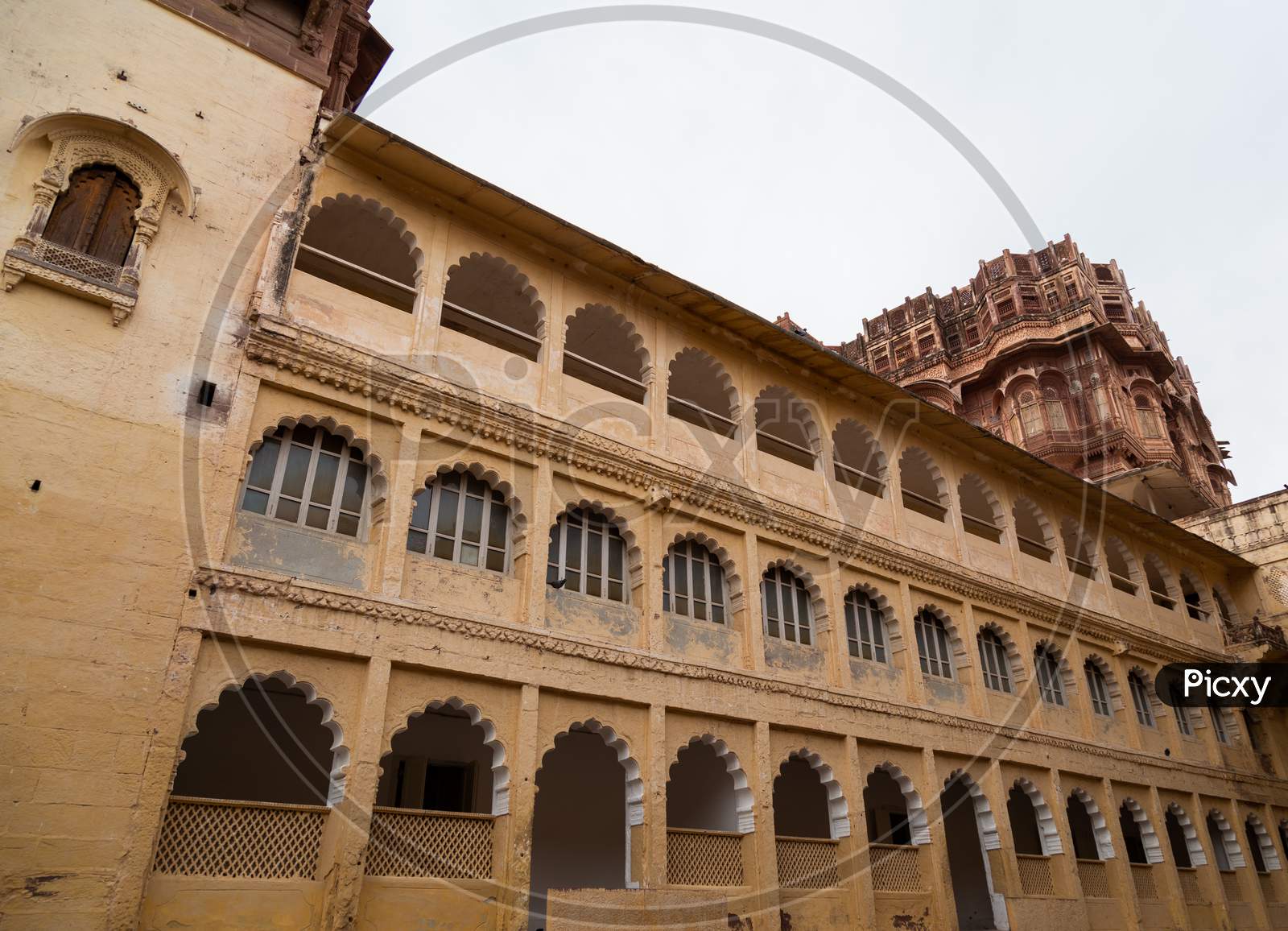 Inside view of Mehrangarh fort, windows, balconies, Jodhpur - Rajasthan, India