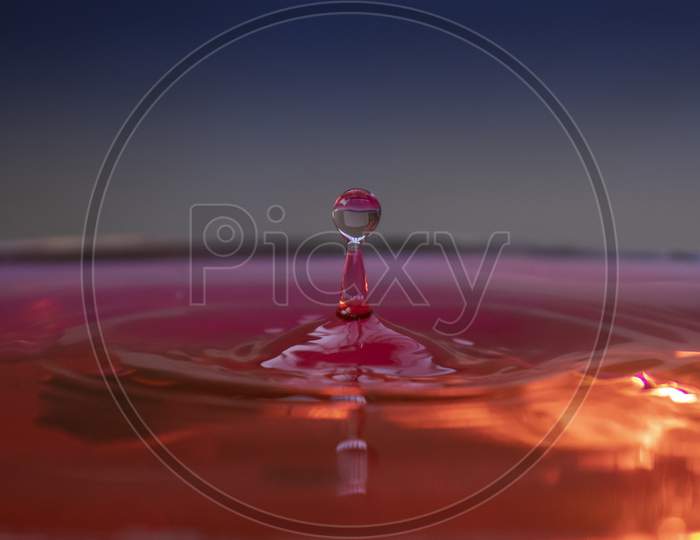 Water Droplet Rises After Falling On Red Pink Surface