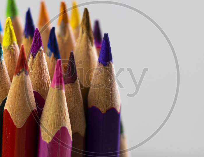 Group Of Colorful Wooden Pencils Close-Up Shot With Selective Focus Or Shallow Depth Of Field On White Background And Space For Text On Right Side