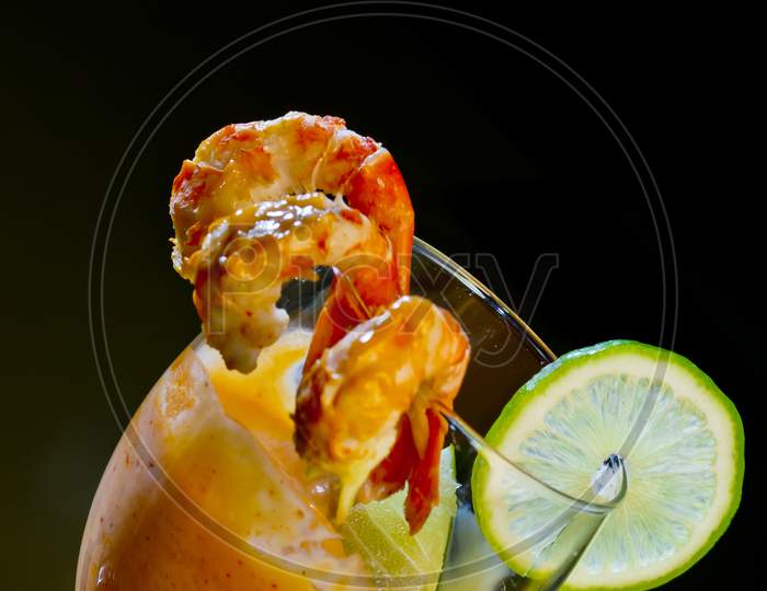 A Glass Of Mouthful Tasty Shrimp Cocktail Appetizer.