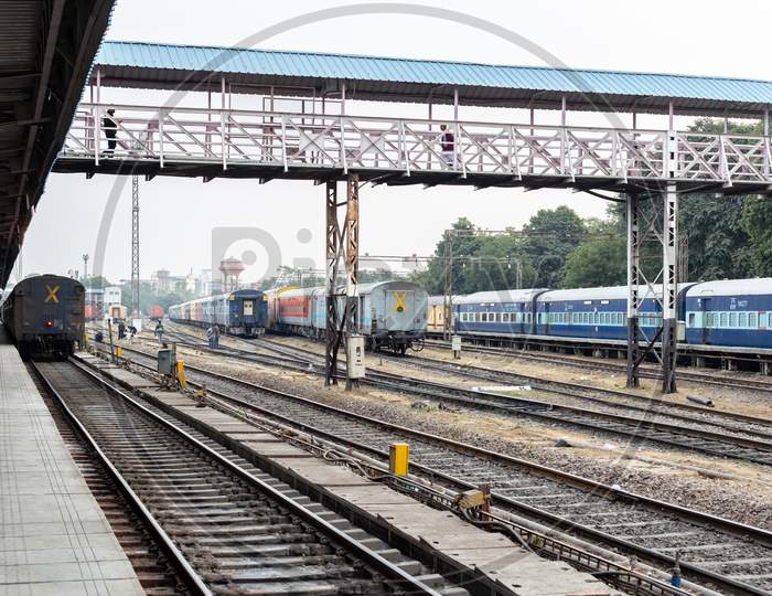 Indian Railways, The Trains halted At The Station And Shed.