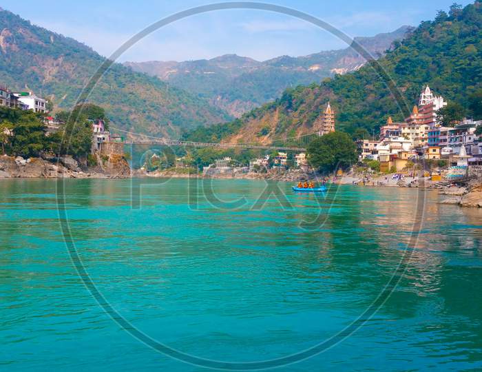 Scenic Ganga river flows through Rishikesh town