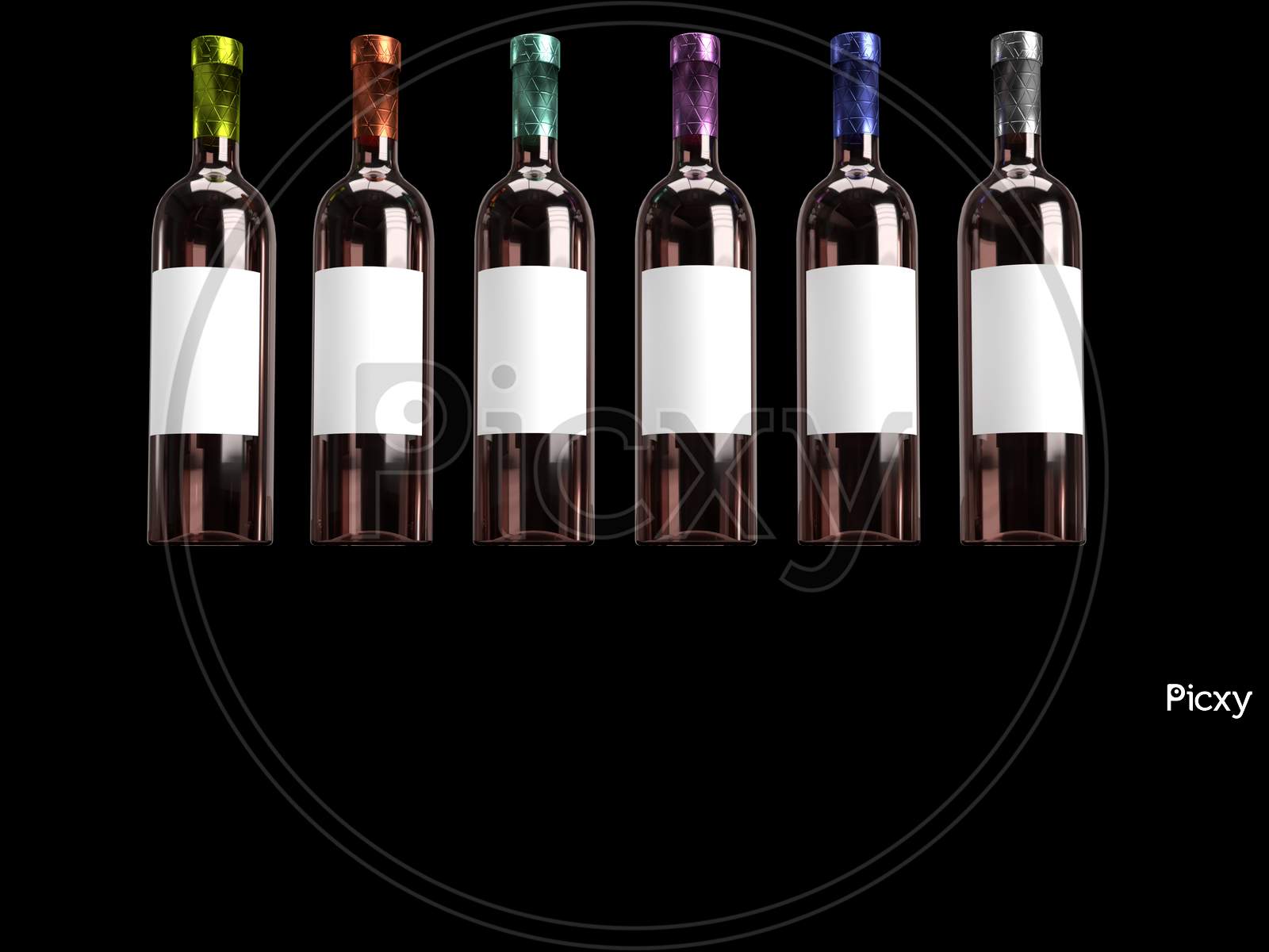 3D Render Of Different Colored Foil Sealed Amber Glass Wine Bottle In Solid Black Background On Reflective Surface With White Blank Label For Mockup