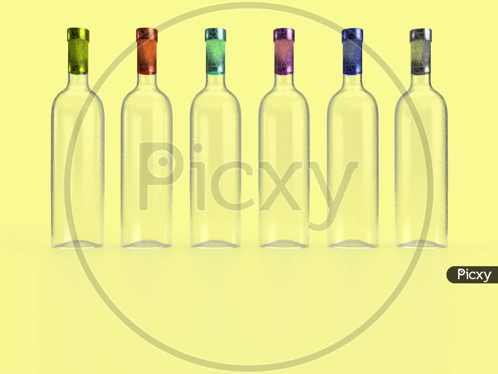 Download Image Of 3d Render Of Different Colored Foil Sealed Frosted Glass Wine Bottle In Solid Pastel Yellow Background With No Label For Product Mockup Sf556023 Picxy