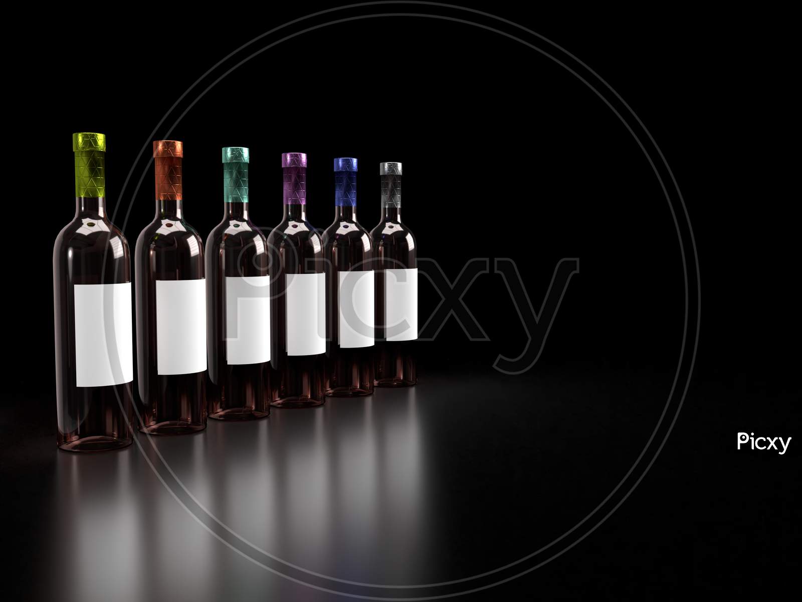 3D Render Of Different Colored Foil Sealed Amber Glass Wine Bottle In Solid Black Background On Reflective Surface With White Blank Label For Mockup.
