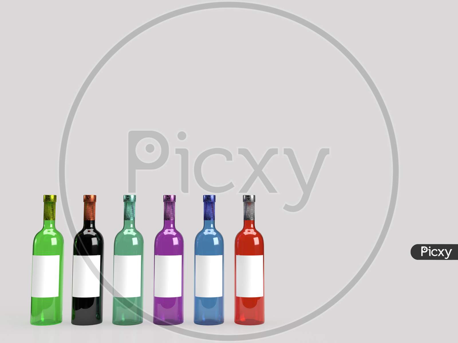 3D Render Of Different Colored Foil Sealed Glass Wine Bottle In Solid Light Grey Background With White Blank Label For Product Mockup.