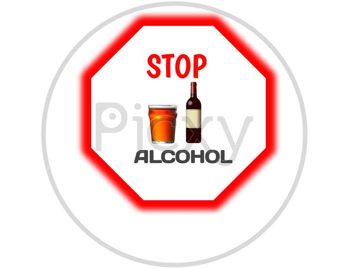 alcohol drinks in glasses with STOP sign on white background