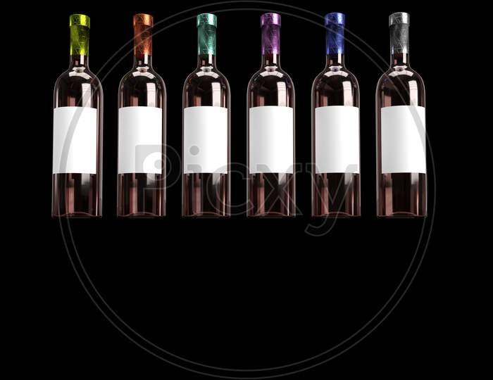 3D Render Of Different Colored Foil Sealed Amber Glass Wine Bottle In Solid Black Background On Reflective Surface With White Blank Label For Mockup
