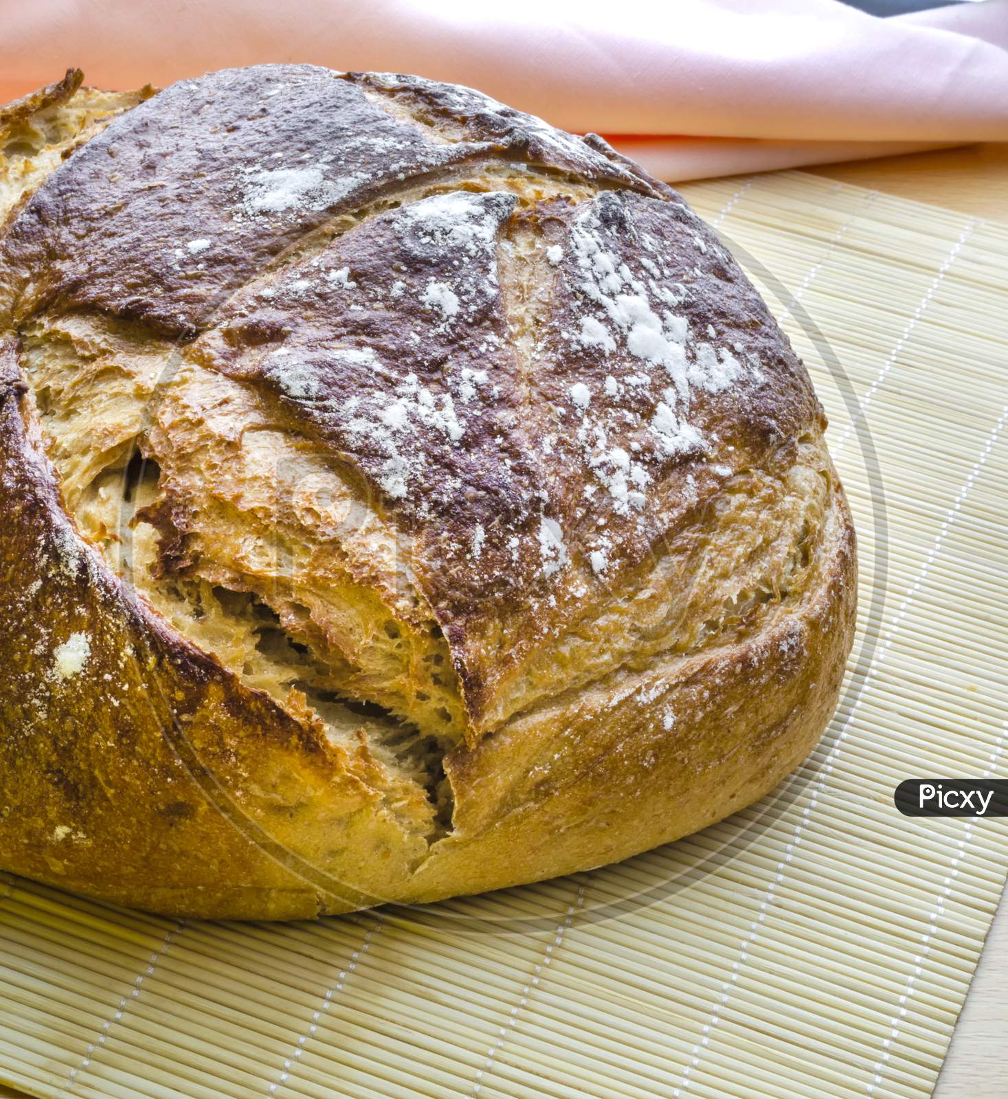 A loaf of sourdough bread freshly baked.