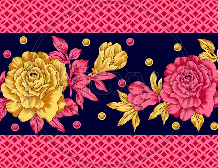 Textile Indian Floral Border Design Navy Background