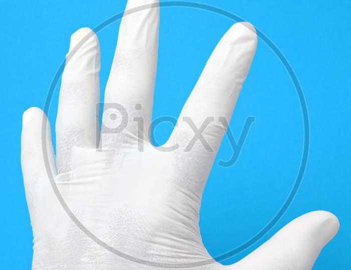 Disposable Sterile White Gloves On White Background,Showing Gesture, Medical Protective Gloves Isolated