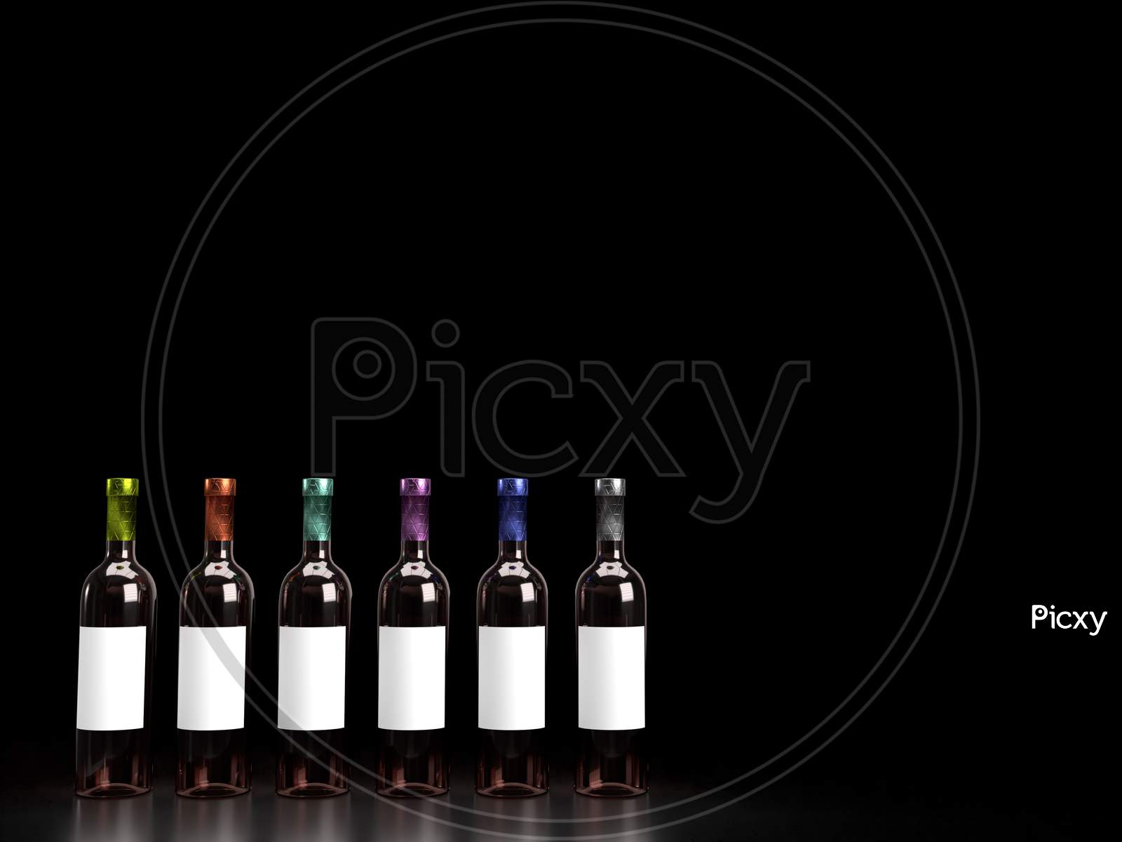 3D Render Of Different Colored Foil Sealed Amber Glass Wine Bottle In Solid Black Background On Reflective Surface With White Blank Label For Mockup.