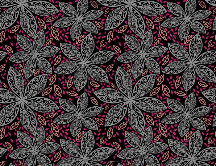 Seamless Raster Floral Pattern, Vintage Backdrop. Hand Drawn Surface Pattern Design With Flowers