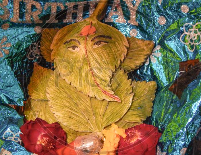 Hand made Lord Ganesha idol made up of leaves.