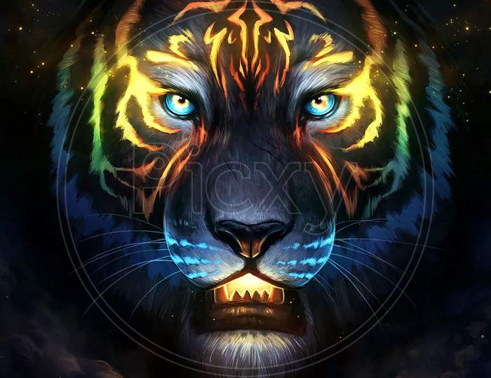 Artwork of a lion with many colors and shapes
